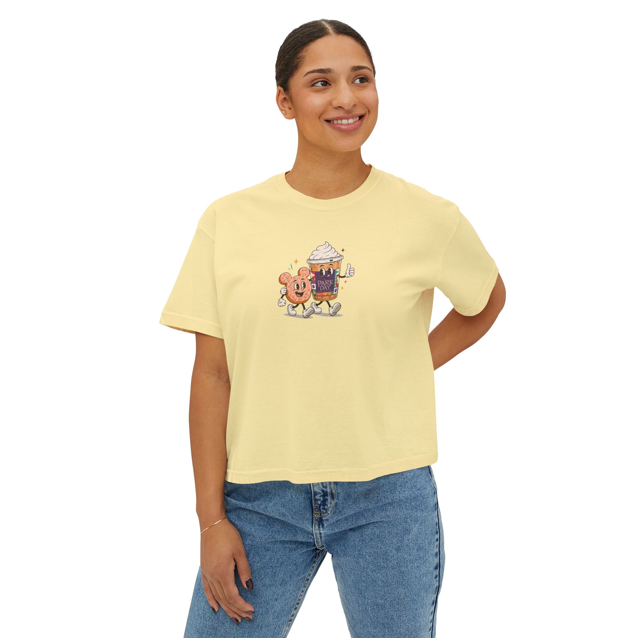 Cute Coffee & Donut Tee — Women’s Boxy Cropped T-Shirt