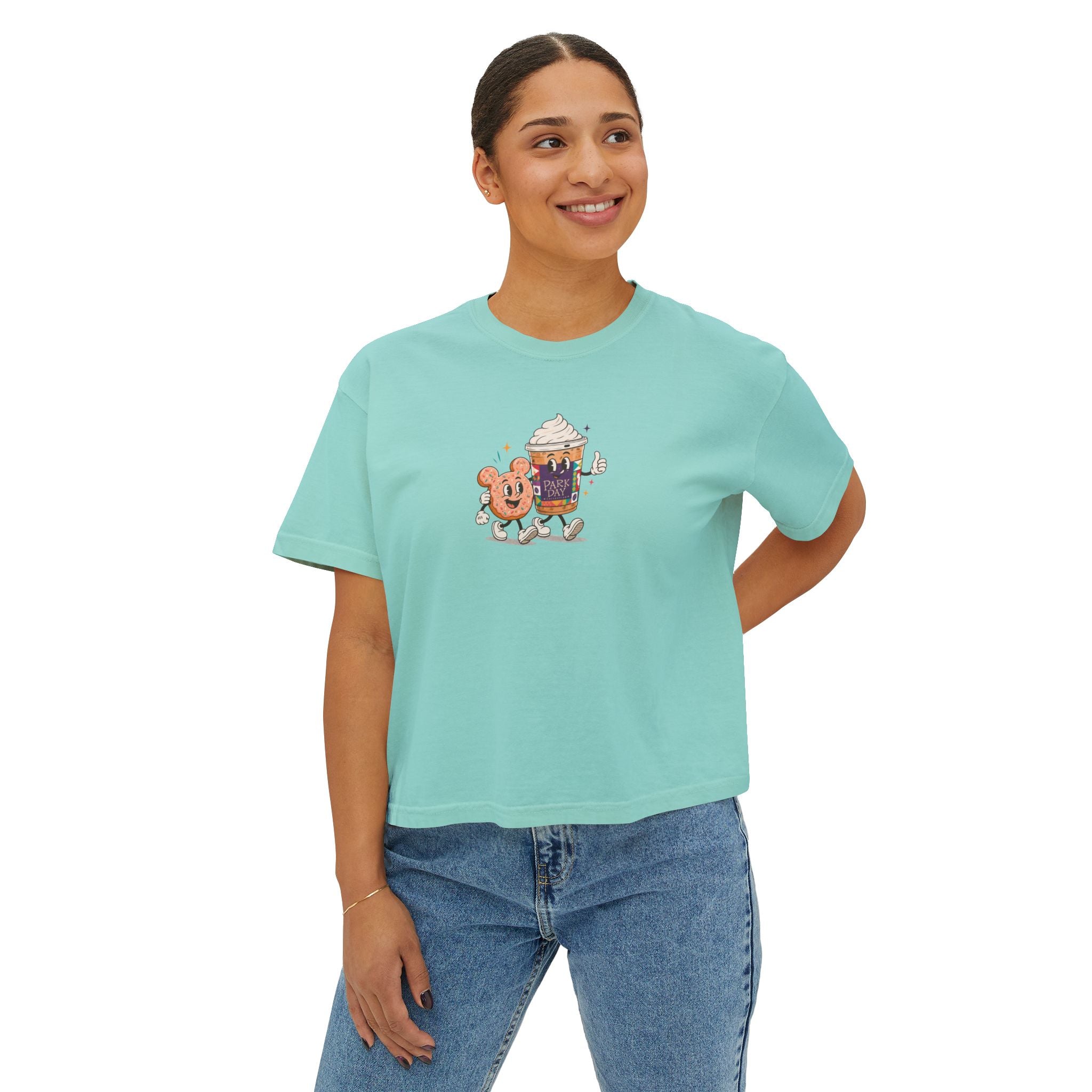 Cute Coffee & Donut Tee — Women’s Boxy Cropped T-Shirt