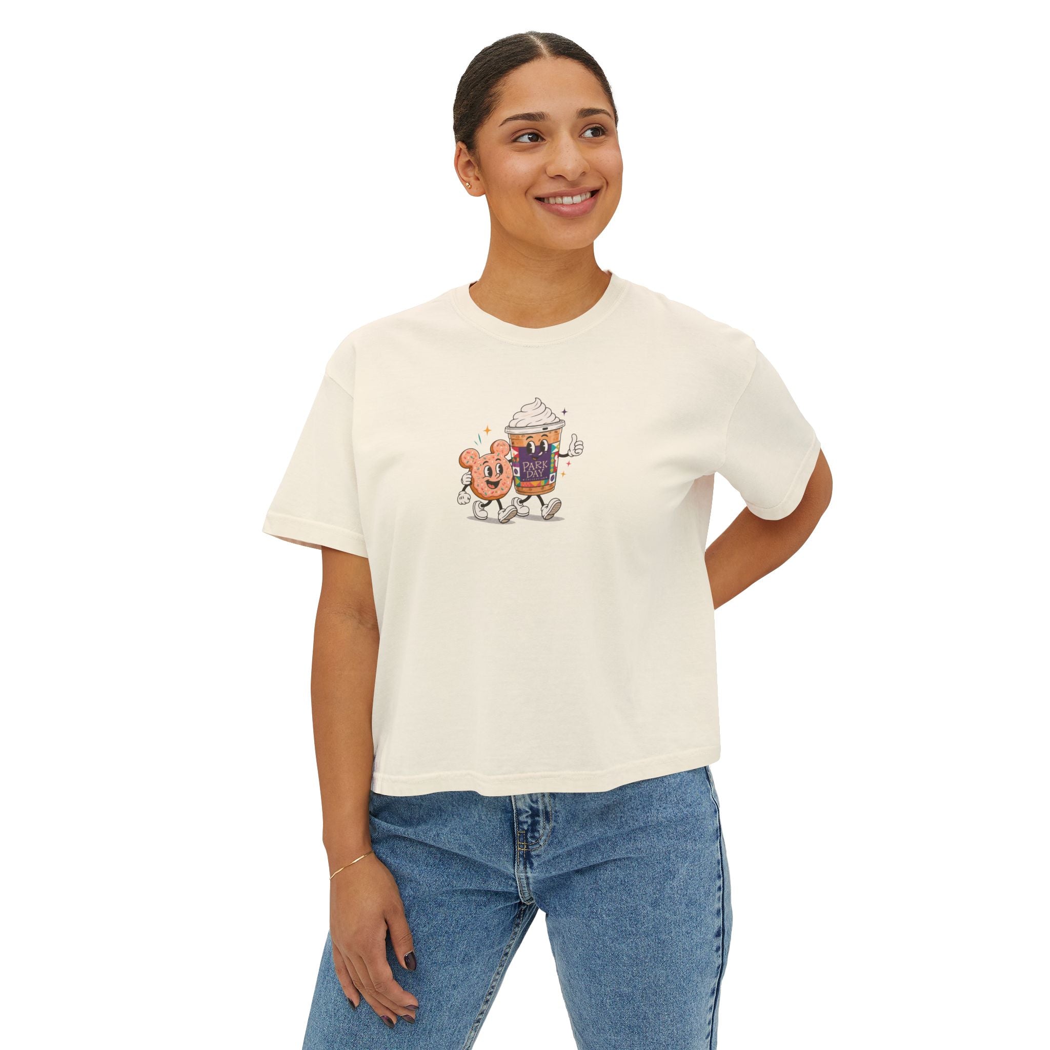 Cute Coffee & Donut Tee — Women’s Boxy Cropped T-Shirt